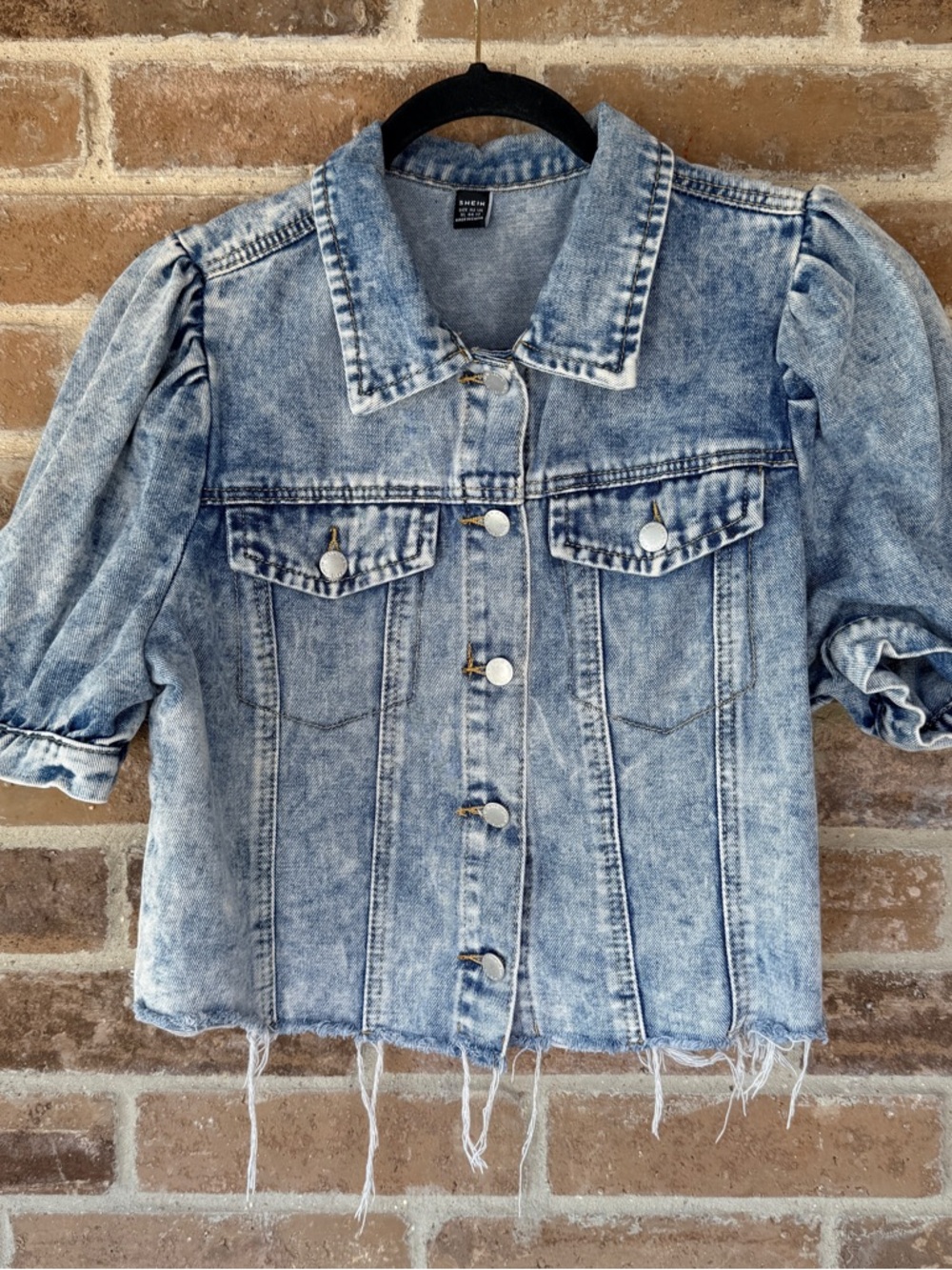SHEIN Light Blue Acid Wash Puff Sleeve Denim Jacket